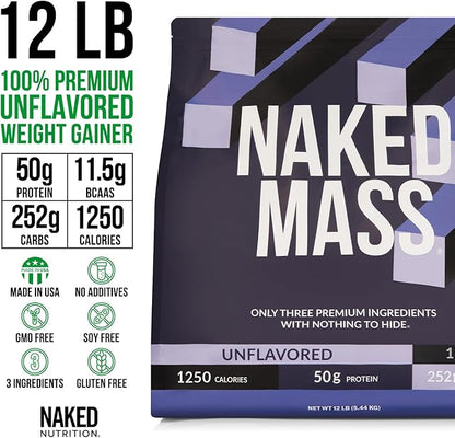 NAKED Mass - Natural Weight Gainer Protein Powder - 12LB Bulk, GMO Free, Gluten Free & Soy Free. No Artificial Ingredients - 1,250 Calories per Serving
