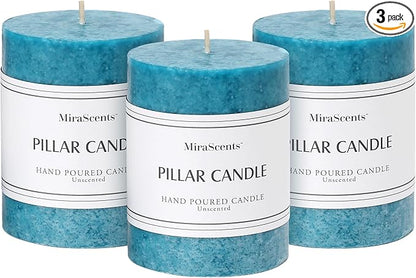 3x4 inch Blue Pillar Candles Set of 3, Unscented Pillar Candle, Dripless and Smokeless Large Candles, Candle for Home Decor, Dinner Table,Weddings, Holidays