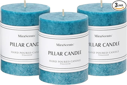 3x4 inch Blue Pillar Candles Set of 3, Unscented Pillar Candle, Dripless and Smokeless Large Candles, Candle for Home Decor, Dinner Table,Weddings, Holidays
