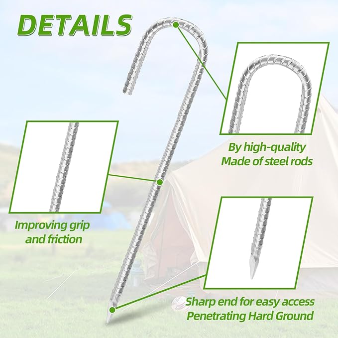 Rebar Stakes 16inx10mm Galvanized J Hook 8pcs – Heavy Duty Ground Tent Stakes for Fence,Bounce House,Outdoor Plants,Artificial Turf,Dog Coop,Metal Stakes for Christmas Decorations