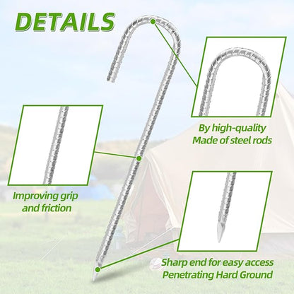Rebar Stakes 16inx10mm Galvanized J Hook 6pcs – Heavy Duty Ground Tent Stakes for Fence,Bounce House,Outdoor Plants,Artificial Turf,Dog Coop,Metal Stakes for Christmas Decorations