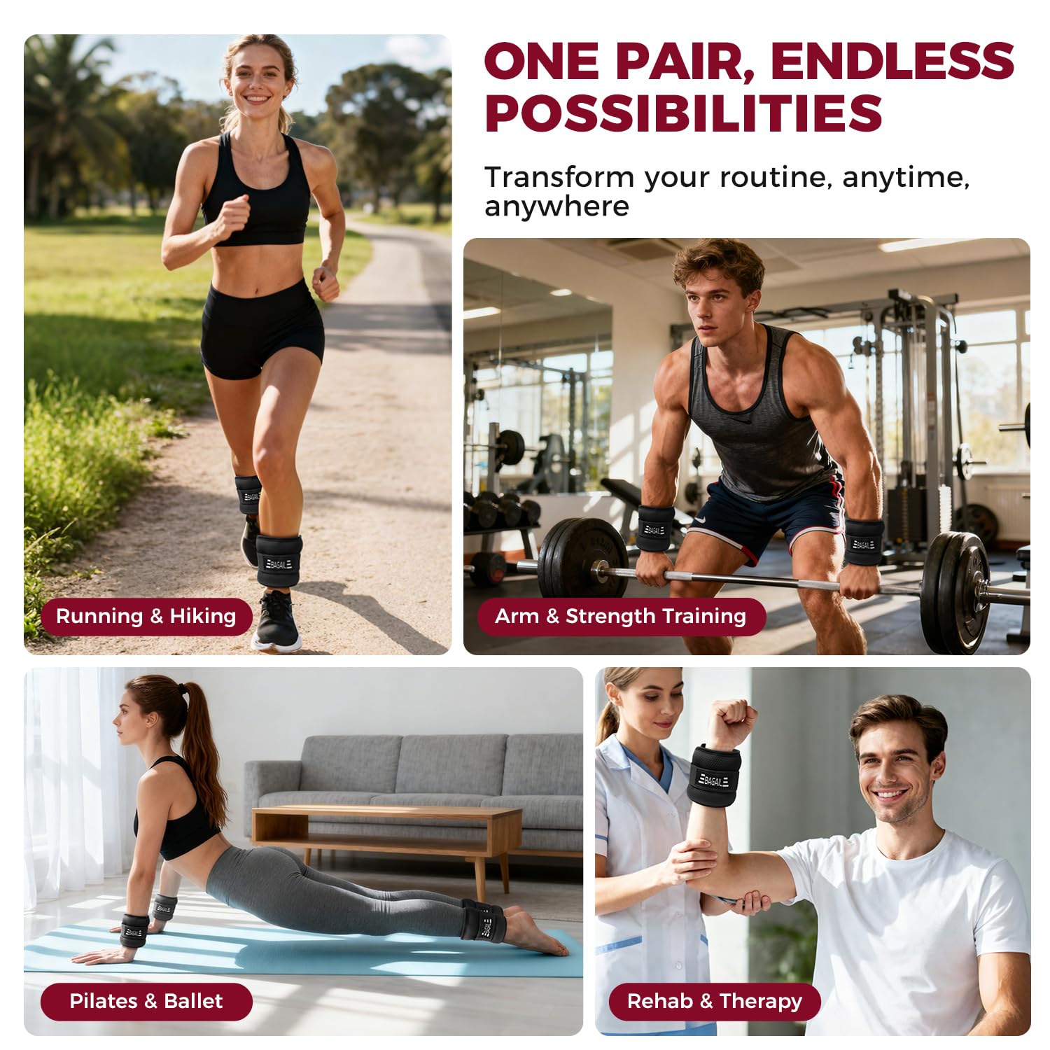 BAGAIL Ankle Wrist Weights for Women & Men, Set of 2 (1 lb Each, 2 lbs Total), Wearable Leg Arm