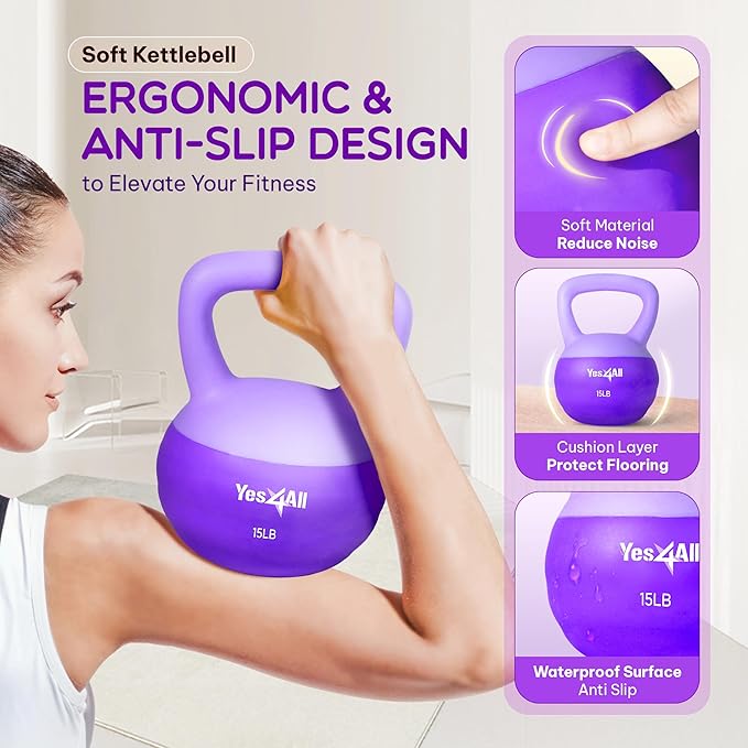 Yes4All Soft Kettlebell, PVC Kettlebells Exercise Weights & Color-Coded Strength Training Kettlebells with 4 Options (5,10,15,20lb), Gentle Hand Weights for Women at Home