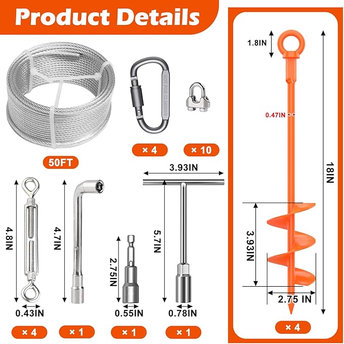 4 Pcs 18" Fully Welded Ground Anchors Shed Anchors Kit with 1/8" Galvanized Cable & Turnbuckles & Carabiners, Heavy Duty Earth Anchors for Sheds Trees Trampoline Greenhouse Swing Set Tent (Orange)