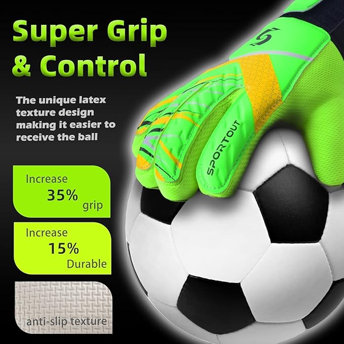 Sportout Kids Goalkeeper Gloves, Soccer Gloves with Double Wrist Protection and Non-Slip Wear Resistant Latex Material to Give Protection to Prevent Injuries