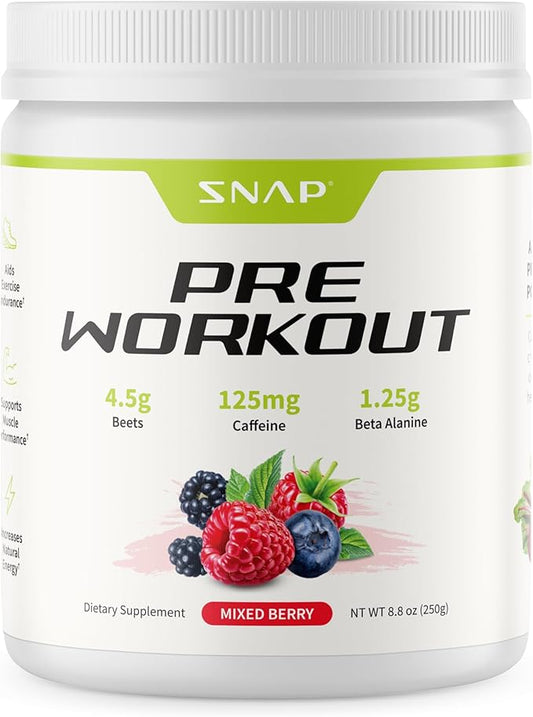 Snap Supplements Pre Workout Beet Root Powder, Nitric Oxide Supplement Preworkout for Men and Women with Organic Beets and B Vitamins, Energy and Heart Health Support, 30 Servings, Mixed Berry