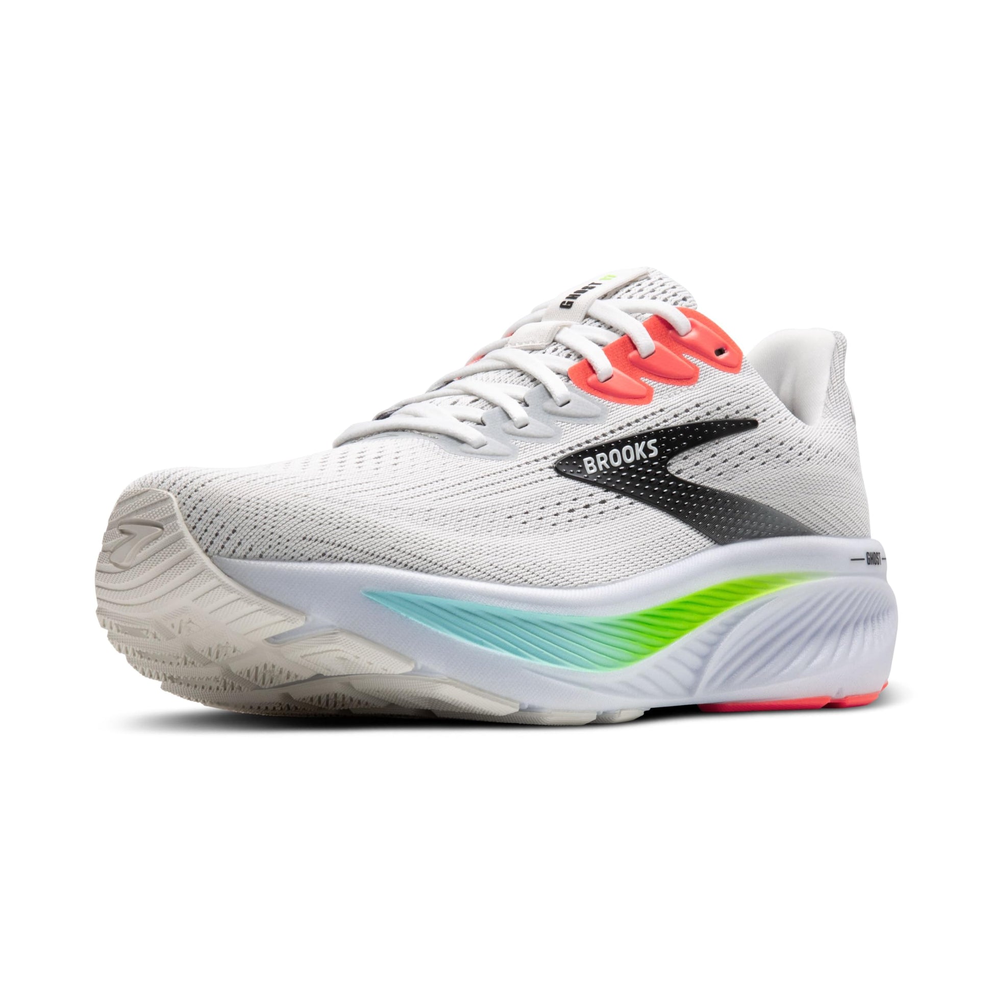 Brooks Men’s Ghost 17 Neutral Running Shoe - White/Pink Clay/Gecko - 8.5 Medium