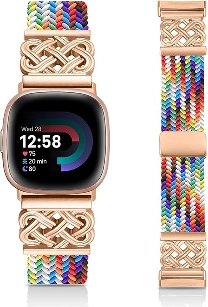 Braided Band Compatible with Fitbit Versa 4 Bands for Woman/Versa 3/Sense 1/Sense 2 Band, Magnetic Clasp Fabric Nylon with Designer Interlock Buckle Straps for Fitbit Versa4/3/Sense1/2