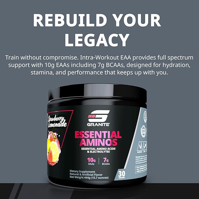 Granite Essential Amino Acids Powder for Muscle Recovery and Growth with 10g EAAs and 7g BCAAs - Soy-Free, Gluten-Free, 448g (30 Servings), Strawberry Lemonade