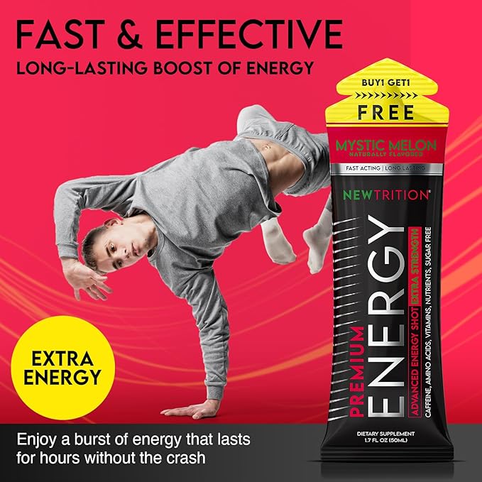 NewTrition® Extra Strength Energy Shots, 250mg Caffeine Energy Shots with Vitamin B & Amino Acids, Sugar-Free Vitamin Energy Shot, 1.7 fl oz (Pack of 6, Mystic Melon)
