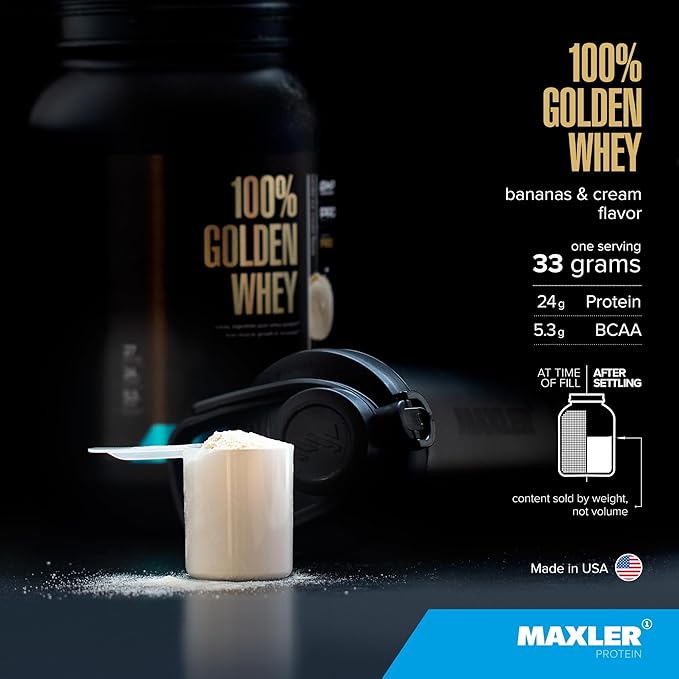Maxler 100% Golden Whey Protein - 24g of Protein per Serving - Premium Whey Protein Powder for Pre Post Workout - Fast-Absorbing Whey Concentrate, Isolate & Hydrolysate Blend - Bananas & Cream 2 lb