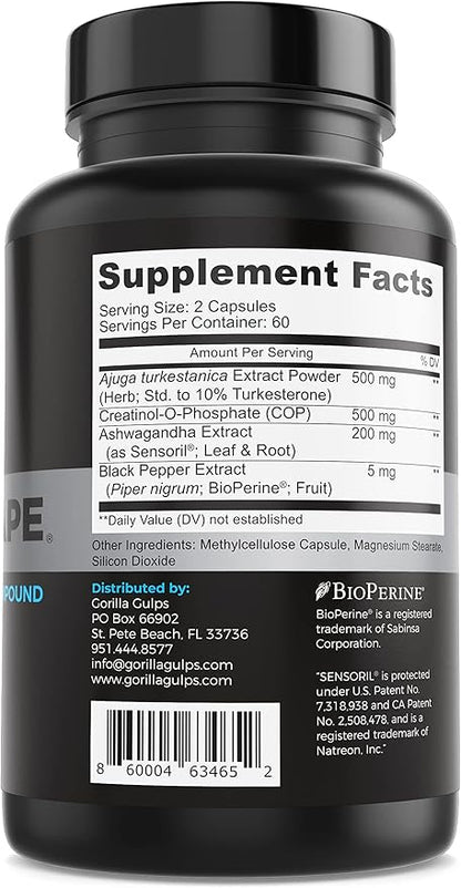 | Anabolic Ape ??Enhanced Turkesterone Compound | Turkesterone, Creatinol-O-Phosphate, Ashwagandha, Bioperine | Lab Tested | 120 Vegan Capsules | Max Strength