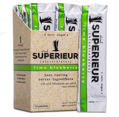 Superieur Electrolyte Powder Packets - Vegan Electrolyte Hydration Powder w/Sea Minerals - Keto Friendly, Non-GMO, Zero Sugar Electrolyte Supplement-Healthy Sports Drink -Lime Blueberry (14 Packets)