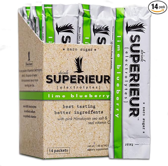 Superieur Electrolyte Powder Packets - Vegan Electrolyte Hydration Powder w/Sea Minerals - Keto Friendly, Non-GMO, Zero Sugar Electrolyte Supplement-Healthy Sports Drink -Lime Blueberry (14 Packets)
