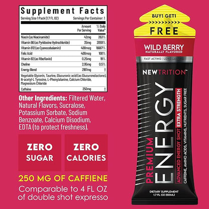 NewTrition® Extra Strength Energy Shots, 250mg Caffeine Energy Shots with Vitamin B & Amino Acids, Sugar-Free Vitamin Energy Shot, 1.7 fl oz (Pack of 6, Wild Berry)