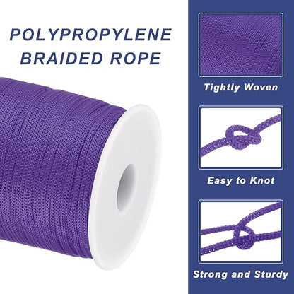 MECCANIXITY 1/12 Inch Polypropylene Rope Braided Ropes, 328ft Nylon Rope Hollow Utility Cord for Clothesline, Camping, Hiking, Outdoor, Dark Purple