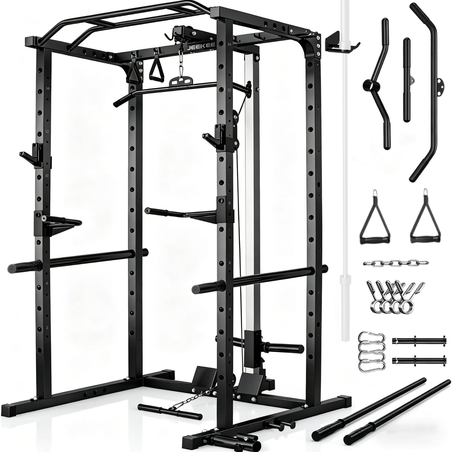 JEEKEE Power Rack with LAT Pulldown, 2000LBS Power Cage with Cable System, Multi-Function Squat