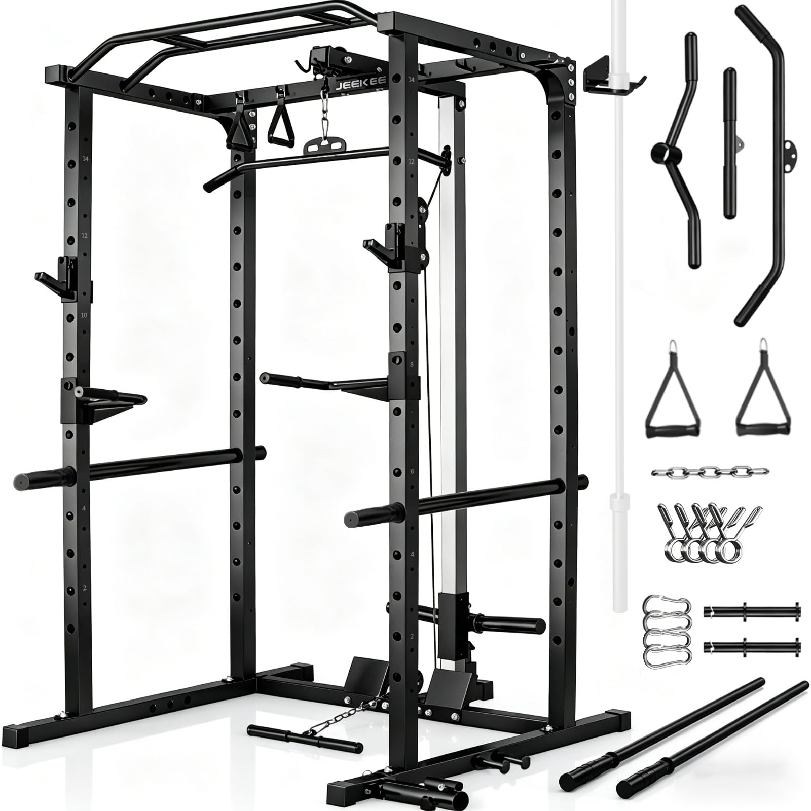 JEEKEE Power Rack with LAT Pulldown, 2000LBS Power Cage with Cable System, Multi-Function Squat