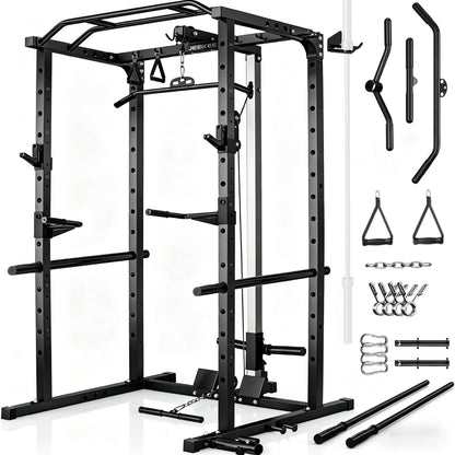 JEEKEE Power Rack with LAT Pulldown, 2000LBS Power Cage with Cable System, Multi-Function Squat