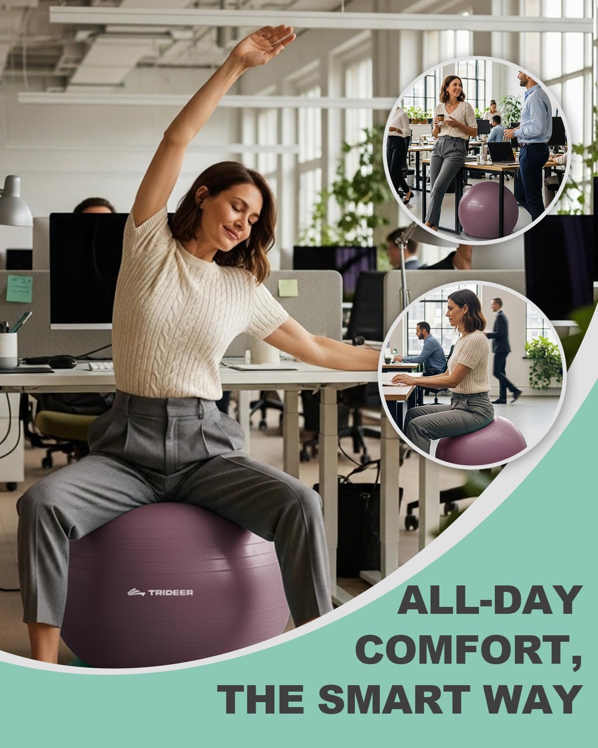 Trideer Yoga Ball Chair with Base for Office Desk, Exercise & Stability Ball Seat, Pilates Ball for