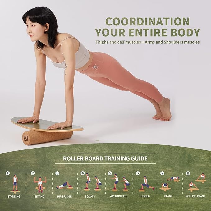 XCMAN Surf Balance Board Trainer with Roller Wooden Exercise Balancing Stability Trainer - Non Slip Surface for Adults Kids|Balance Board for Surfing,Snowboarding,Skateboarding,Hockey,Yoga Training