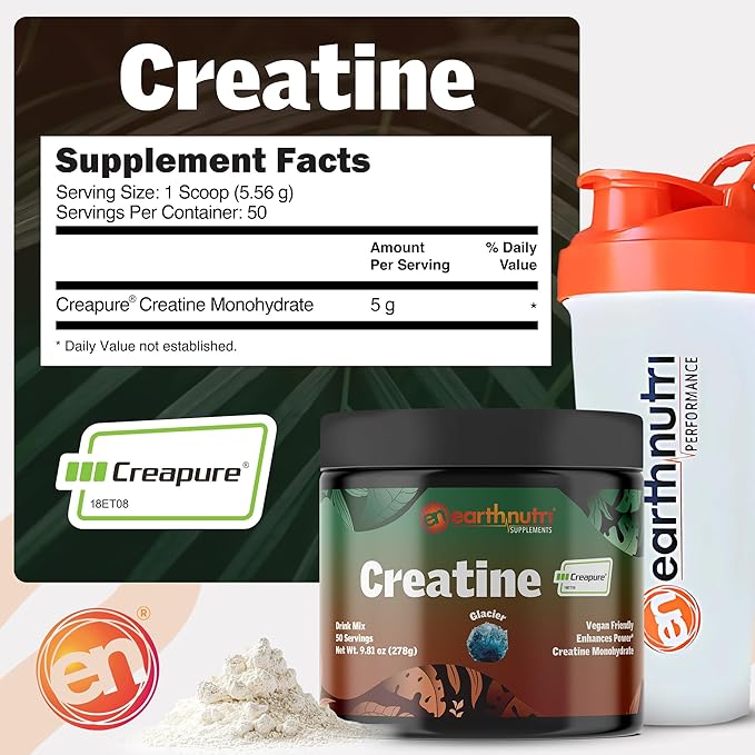 EarthNutri Creatine Monohydrate Powder - Pure Creatine Supplement for Muscle Growth, Strength & Performance - Non-GMO, Sugar-Free, Additive-Free – for Men & Women, Flavored 250g