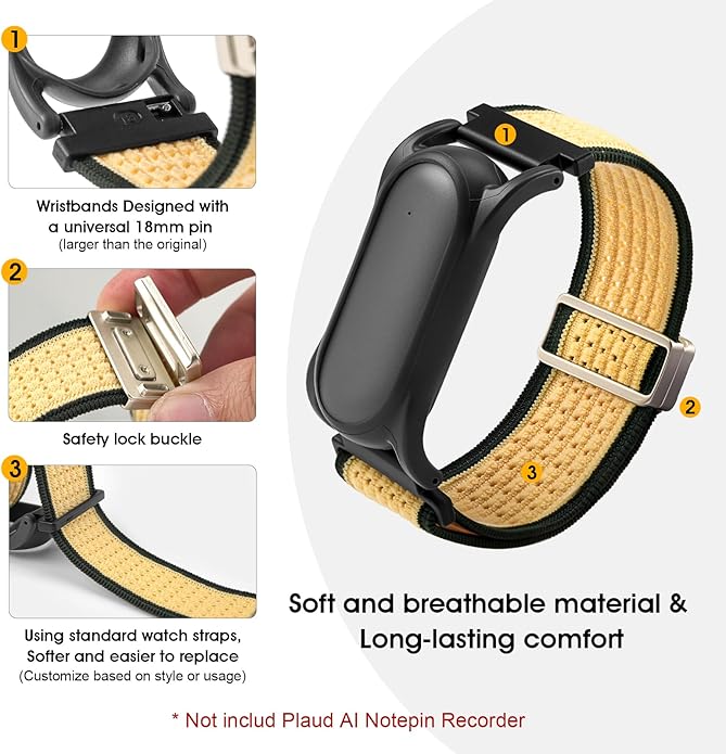 Adjustable Smartwatch Soft Woven Nyon Wristband + Protective Case Base fits for PLAUD AI NotePin Recorder,Upgraded 18mm Pin Notepin Strap for Easy Band Replacement