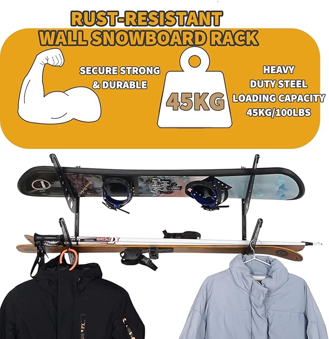 2 Board Snowboard Wall Racks, Adjustable Storage Rack for Ski, Surfboard, Wakeboard, Snowboard Wall Mount Display, Black