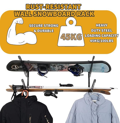 2 Board Snowboard Wall Racks, Adjustable Storage Rack for Ski, Surfboard, Wakeboard, Snowboard Wall Mount Display, Black