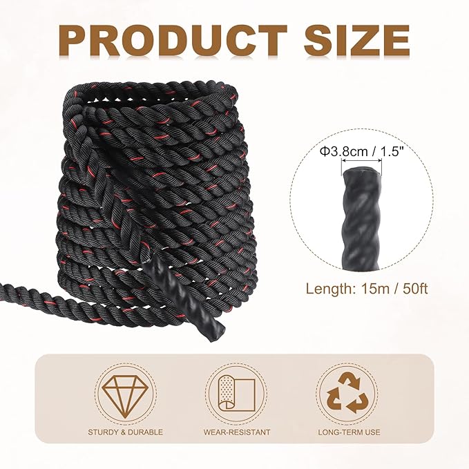 MECCANIXITY Battle Rope 50ft x 1.5 Inch Polyester Workout Rope Heavy Fitness Exercise Rope for Strength Training Home Gym Muscle Building, Black Red