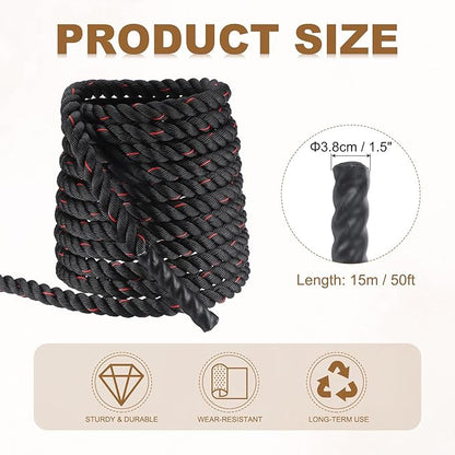 MECCANIXITY Battle Rope 50ft x 1.5 Inch Polyester Workout Rope Heavy Fitness Exercise Rope for Strength Training Home Gym Muscle Building, Black Red