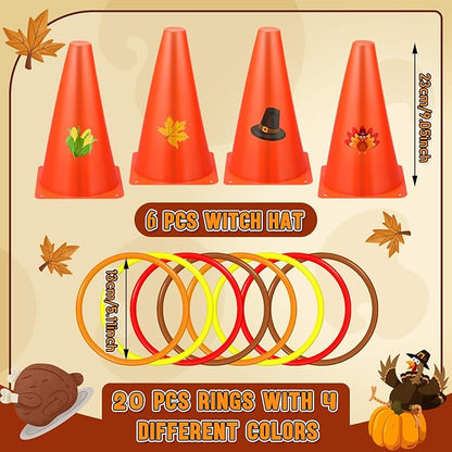 Jenaai 26 Pieces Fall Thanksgiving Ring Toss Game Outdoor Carnival Party Games Include 6 Pcs Fall Plastic Cones 20 Pcs Toss Rings for Thanksgiving Garden Throwing Toy Supply