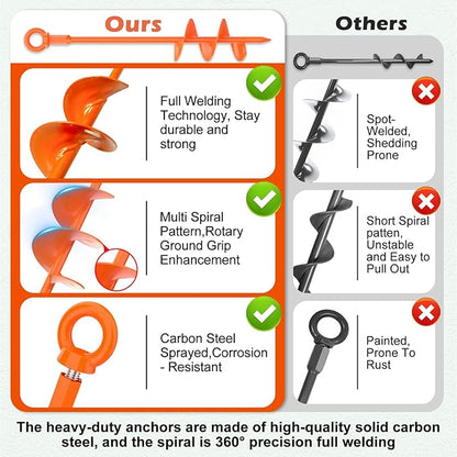 4 Pcs 18" Fully Welded Ground Anchors Shed Anchors Kit with 1/8" Galvanized Cable & Turnbuckles & Carabiners, Heavy Duty Earth Anchors for Sheds Trees Trampoline Greenhouse Swing Set Tent (Orange)