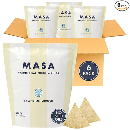MASA Tortilla Chips Snack Pack - Seed Oil Free Snacks, Organic Chips Tortilla - Gluten & Dairy Free, Naturally Grown Corn Chip - Made with Grass Fed Tallow & Sea Salt (6 Pack, 5oz Each - White Corn)