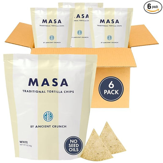 MASA Tortilla Chips Snack Pack - Seed Oil Free Snacks, Organic Chips Tortilla - Gluten & Dairy Free, Naturally Grown Corn Chip - Made with Grass Fed Tallow & Sea Salt (6 Pack, 5oz Each - White Corn)