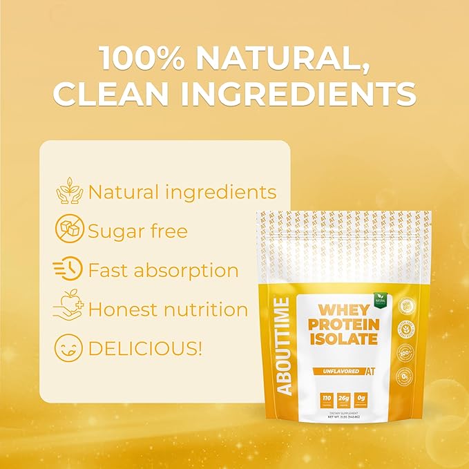 About Time Unflavored Whey Protein Isolate Powder 26g, Natural Ingredients, Non-GMO, Gluten-Free, Lactose-Free, No Artificial Sweeteners, Low Carb, 32 Servings