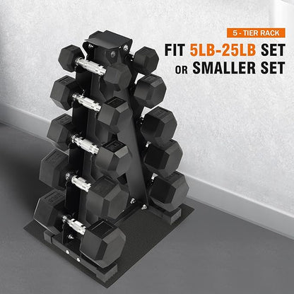Rubber Coated Hex Dumbbell Weight Sets and Storage Rack, 100LB Set or 150LB Set, 5-20 lbs Pairs or 5-25 lbs Pairs