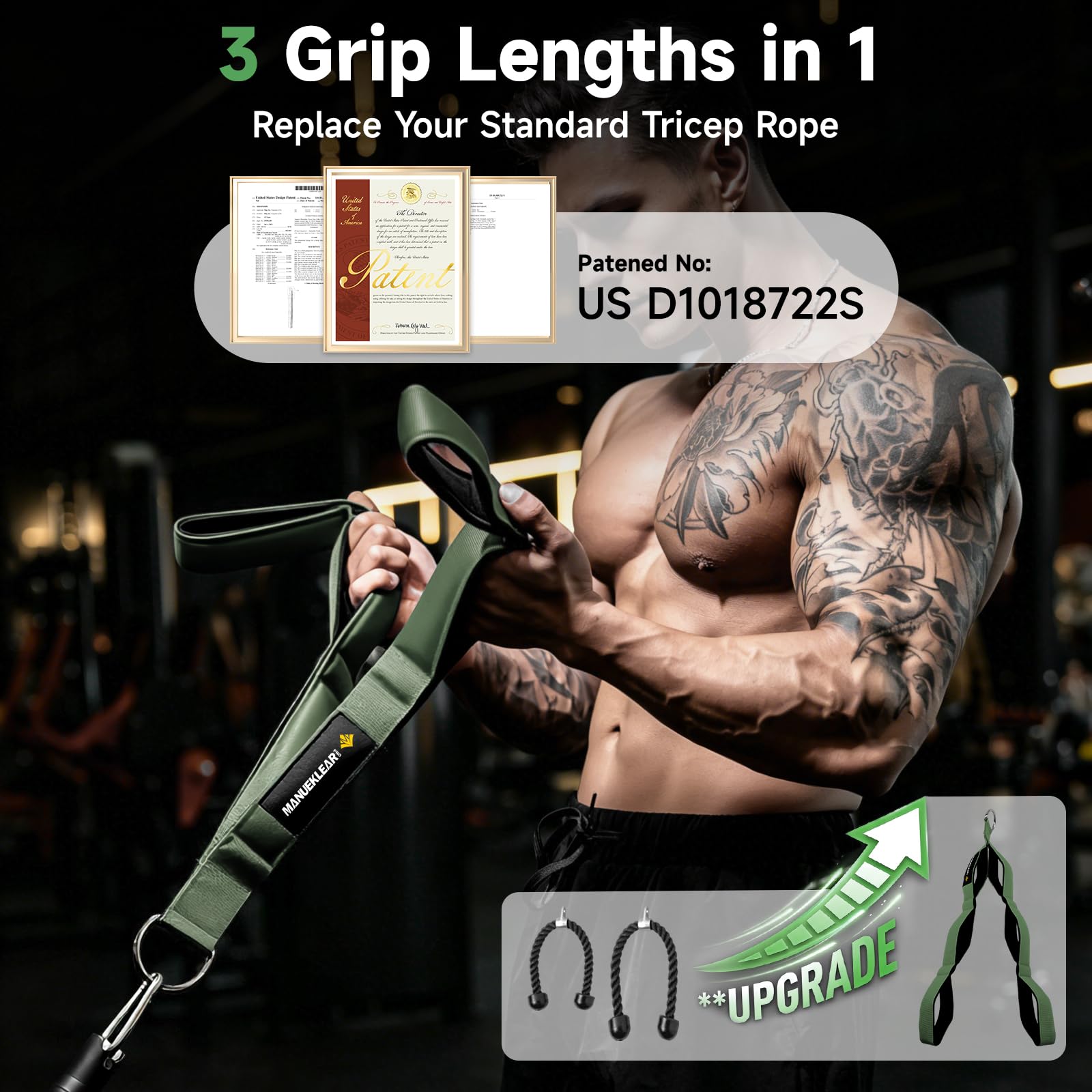 MANUEKLEAR 3 Grip Lengths in 1 Tricep Rope Cable Attachment with Ergonomic Handles, Greater ROM for