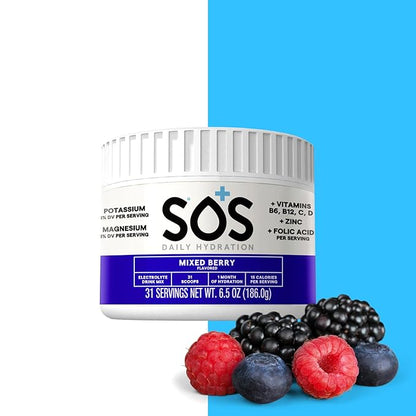 SOS Hydration Electrolyte Drink Mix (31 Servings) – Low Sugar, 15 Calorie, Keto-Friendly & Rapid Rehydration (31 Servings, Mixed Berry)