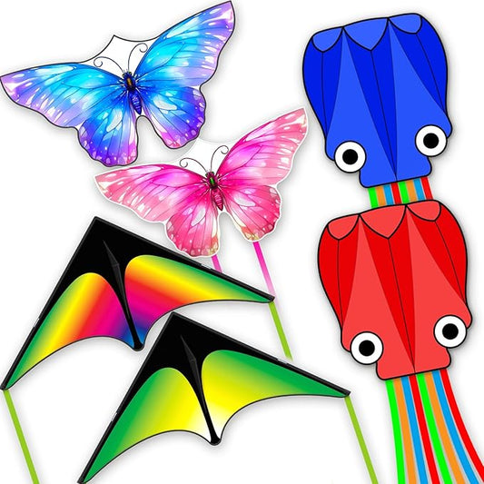 3 Piece Set Butterfly Delta Octopus Kites for Kids and Adults，Easy to Fly for Outdoor Adults Children Line Kite for Kids Toy (Delta 2+Octopus 2+Butterfly 2, 6)