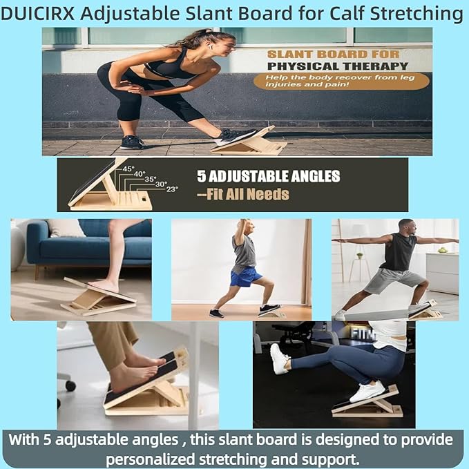 Portable Wooden Slant Board for Calf Stretching Squats Calf Stretcher Pilates Physical Therapy Equipment Adjustable Incline Board for Knees Ankle Heel Feet Leg