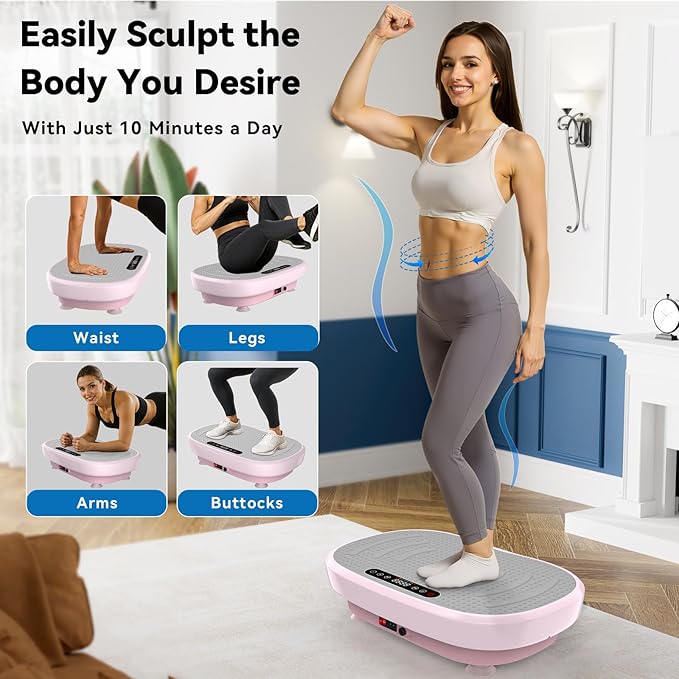 Vibration Plate Exercise Machine, Vibration Plate Platform with Bluetooth & Resistance Bands, Curved Design Full Body Workout Vibration Plate for Weight Loss, Muscle Recovery, Home