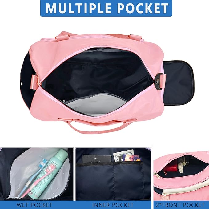 woogwin Small Gym Bag for Men & Women with Shoes & Wet Compartment Waterproof Duffle Bag for Travel Sports Workout Overnight Weekender(17.7'',Pink)