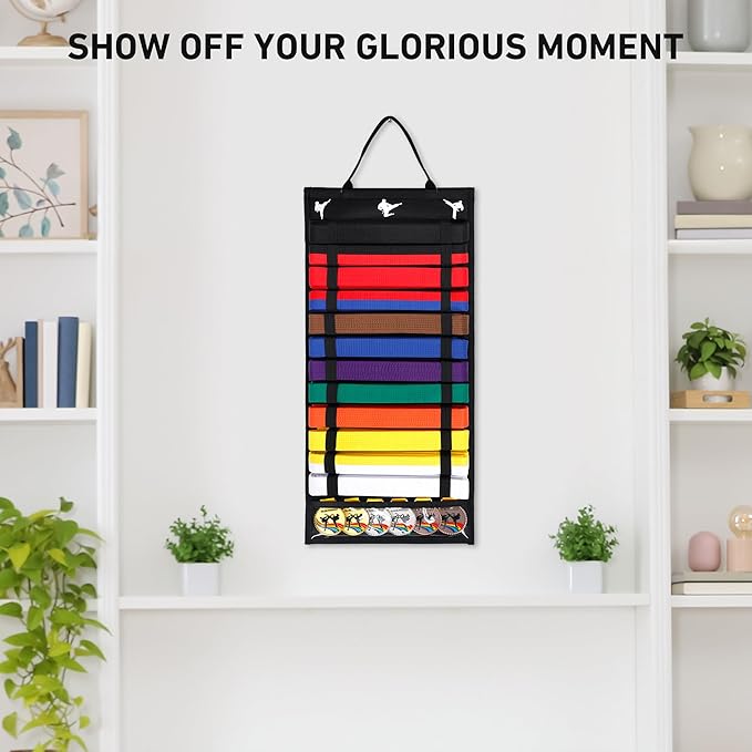 12 Belts Karate Belt Display Rack with PVC Medal Storage, Felt Taekwondo Belt Display Holder, Felt Martial Arts Belt Rack Present for Martial Art Learner & Students (Stud Included)