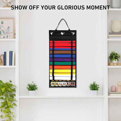 12 Belts Karate Belt Display Rack with PVC Medal Storage, Felt Taekwondo Belt Display Holder, Felt Martial Arts Belt Rack Present for Martial Art Learner & Students (Stud Included)