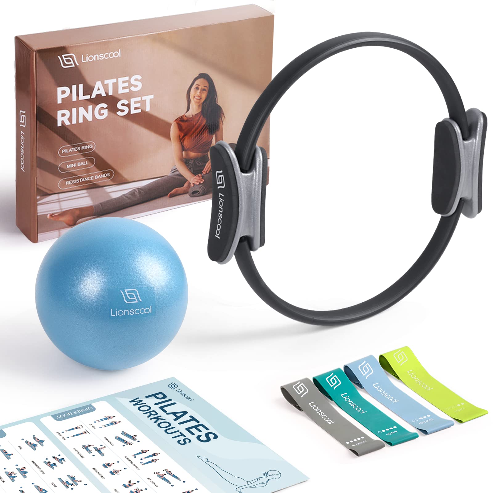 LIONSCOOL Pilates Ring Set 14" Magic Circle, 9" Mini Ball, Resistance Bands