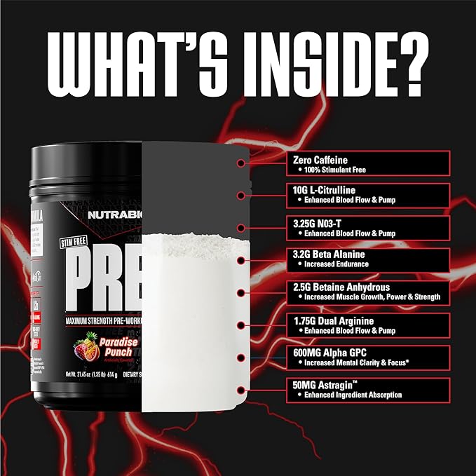 NutraBio STIM-Free PRE Workout for Men, New Formula | Laser Focus, Extreme Pumps | Performance, Endurance | 10g Citrulline, Beta Alanine, Nitrates, Nootropics, Electrolytes-20 Servings Paradise Punch