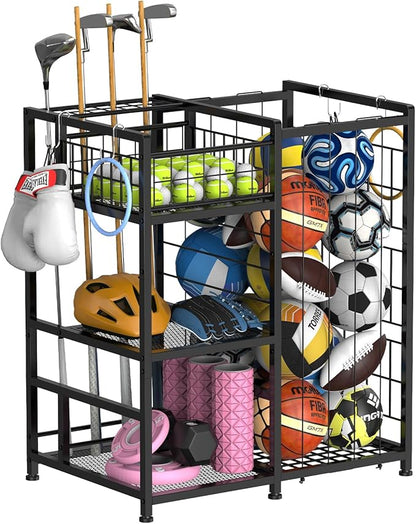 HEOMU Sports Equipment Organizer with Elastic Cords and 4 Hooks, Metal Garage Ball Organizer for Indoor Outdoor, Ball Storage Rack with Basket for Sports Gear and Toys, Black