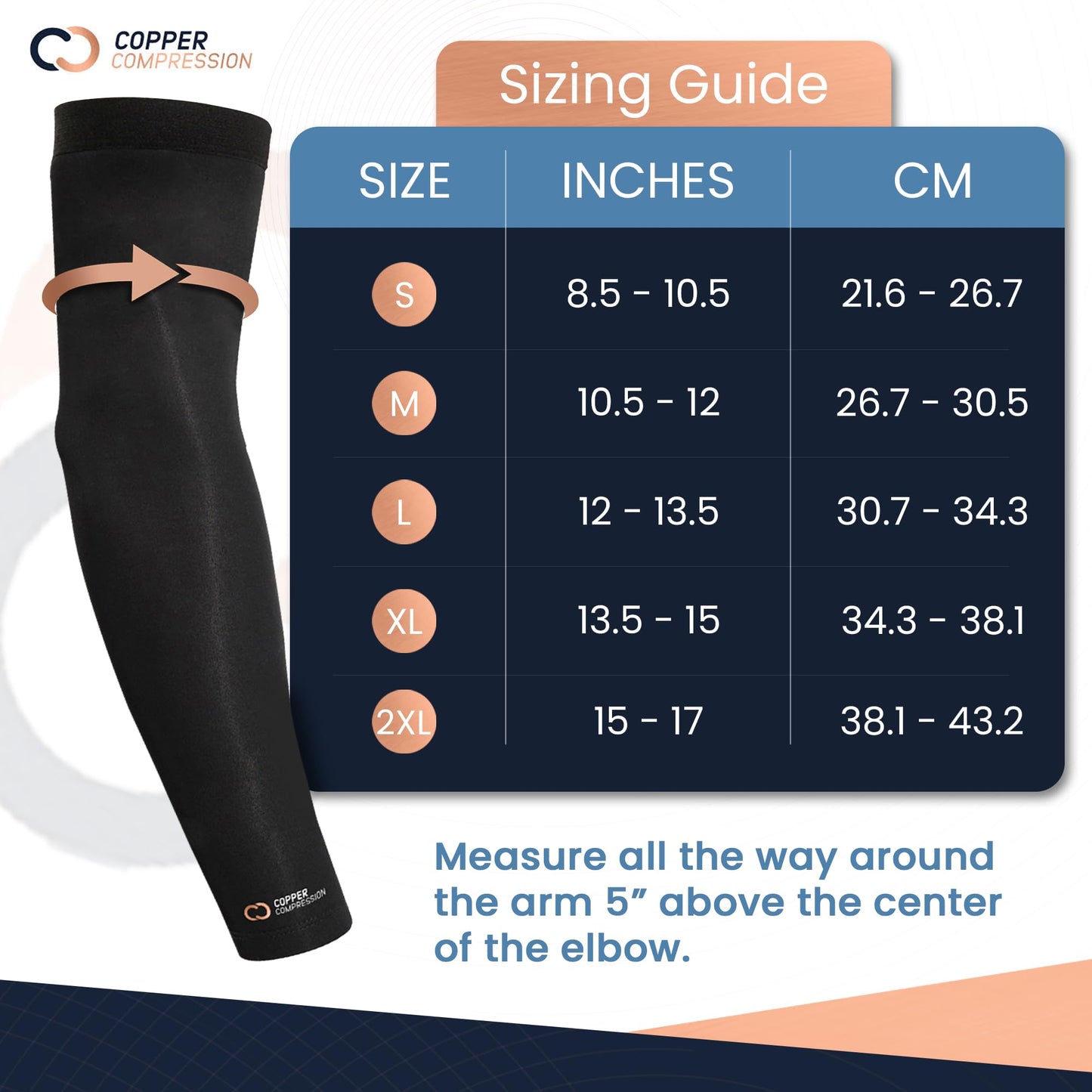 Copper Compression Arm Sleeve - Copper Infused Full Arm Brace for Forearm, Bicep, Triceps - Tennis