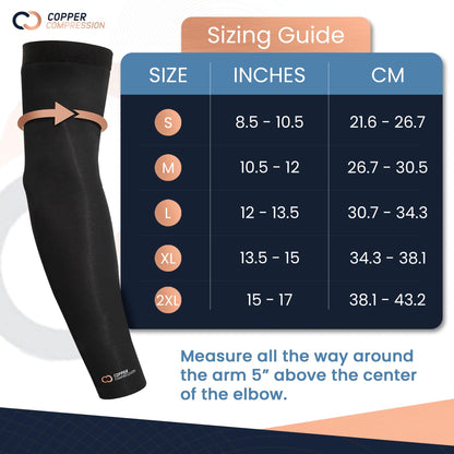 Copper Compression Arm Sleeve - Copper Infused Full Arm Brace for Forearm, Bicep, Triceps - Tennis